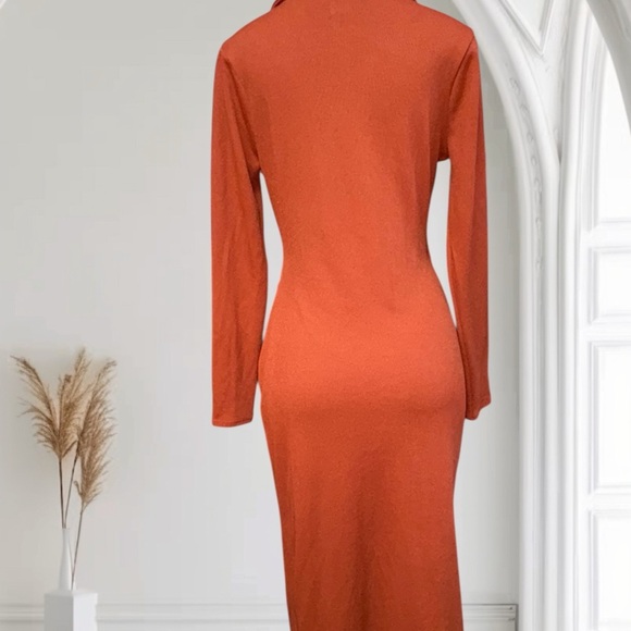 ASOS Brown Ribbed Bodycon Dress with Asymmetrical Neckline - Picture 6 of 9